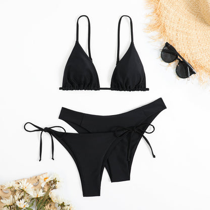 Essential Edge 3-Piece Bikini Set for Women – Solid Color High-Cut Triangle Top Two-Style Bottoms with Side Lace-Up Design & Quick-Drying Comfort – Versatile Women's Swimwear for Summer Pool Beach & Travel