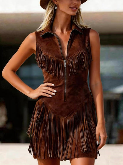 Women's dark brown sleeveless suede western midi dress featuring a collared zip-front neckline and fringe tassel detailing.
