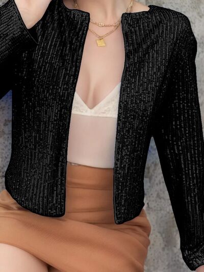Elegant Women Full-Size Sequin Open Front Cropped Jacket With Glamorous Sparkle Luxury Women Party Jacket