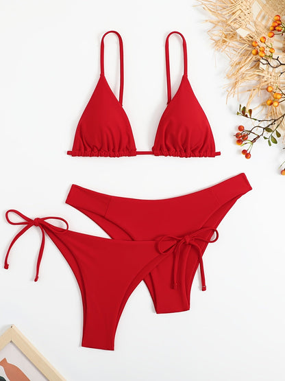Essential Edge 3-Piece Bikini Set for Women – Solid Color High-Cut Triangle Top Two-Style Bottoms with Side Lace-Up Design & Quick-Drying Comfort – Versatile Women's Swimwear for Summer Pool Beach & Travel
