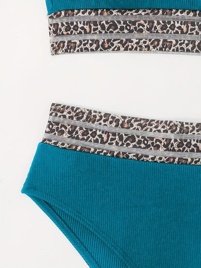 Bikini Leopard Print High Waist Bandeau 2 Piece Swimsuit for Women – Super Stretchy Bikini Set with Seductive Mesh Detail and Flattering Fit – Chic Animal Print Swimwear for Beachwear Poolside and Summer Vacations