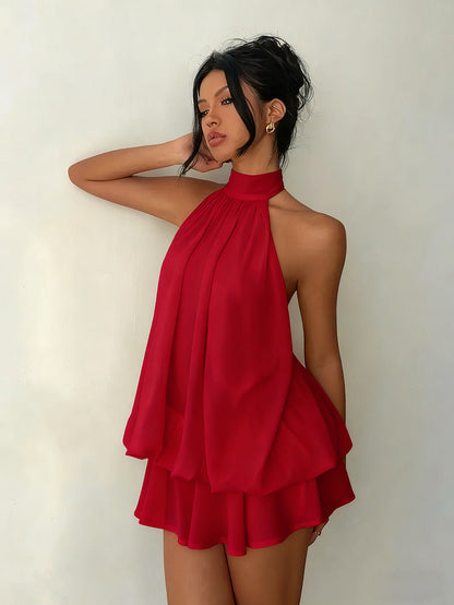 Women's Backless Halter Neck High-Waist Mini Dress with Puffy Skirt
