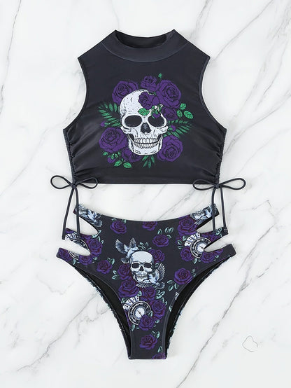 Bikini Skull Print Hollow-Out 2 Piece Swimsuit for Women – Sexy Lace-Up Floral Tie Bathing Suit with Crew Neck – High Stretch Halloween Inspired Bikini Set for Beach Party, Festival, and Summer Vacation