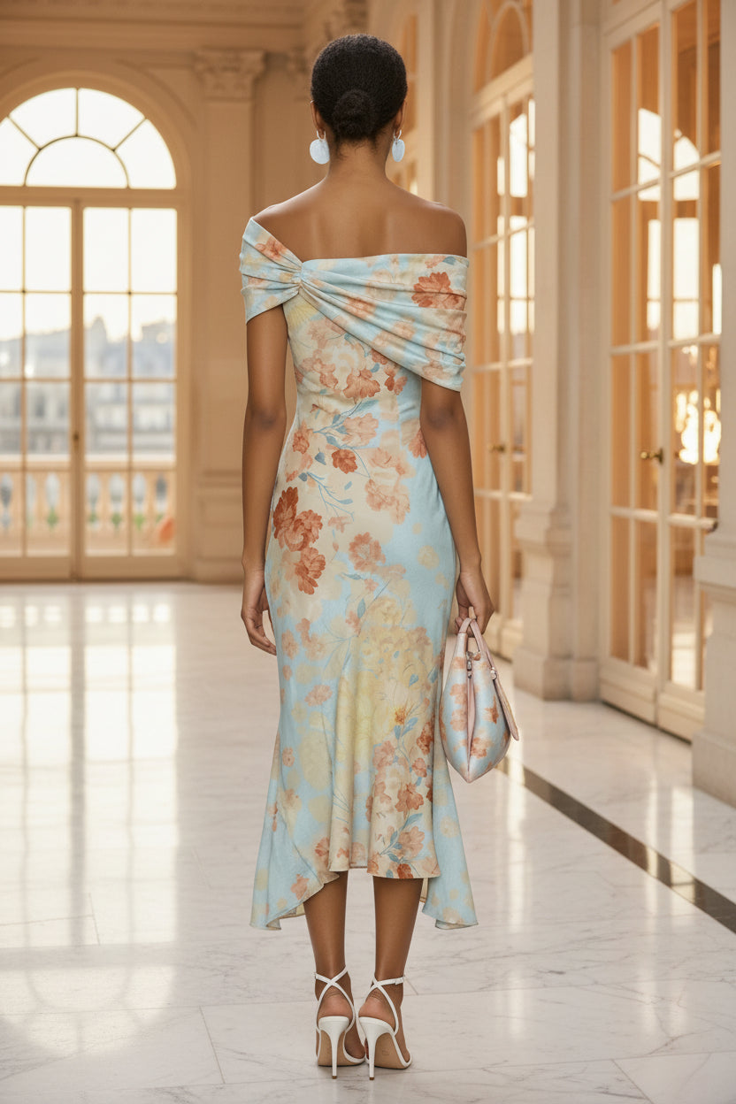 Back view of a woman in an elegant hall wearing a light blue off-the-shoulder floral midi dress with a flared hem and white heels, carrying a matching floral clutch bag.