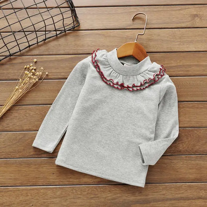 Girls' Solid Color Lace Round Neck T-shirt