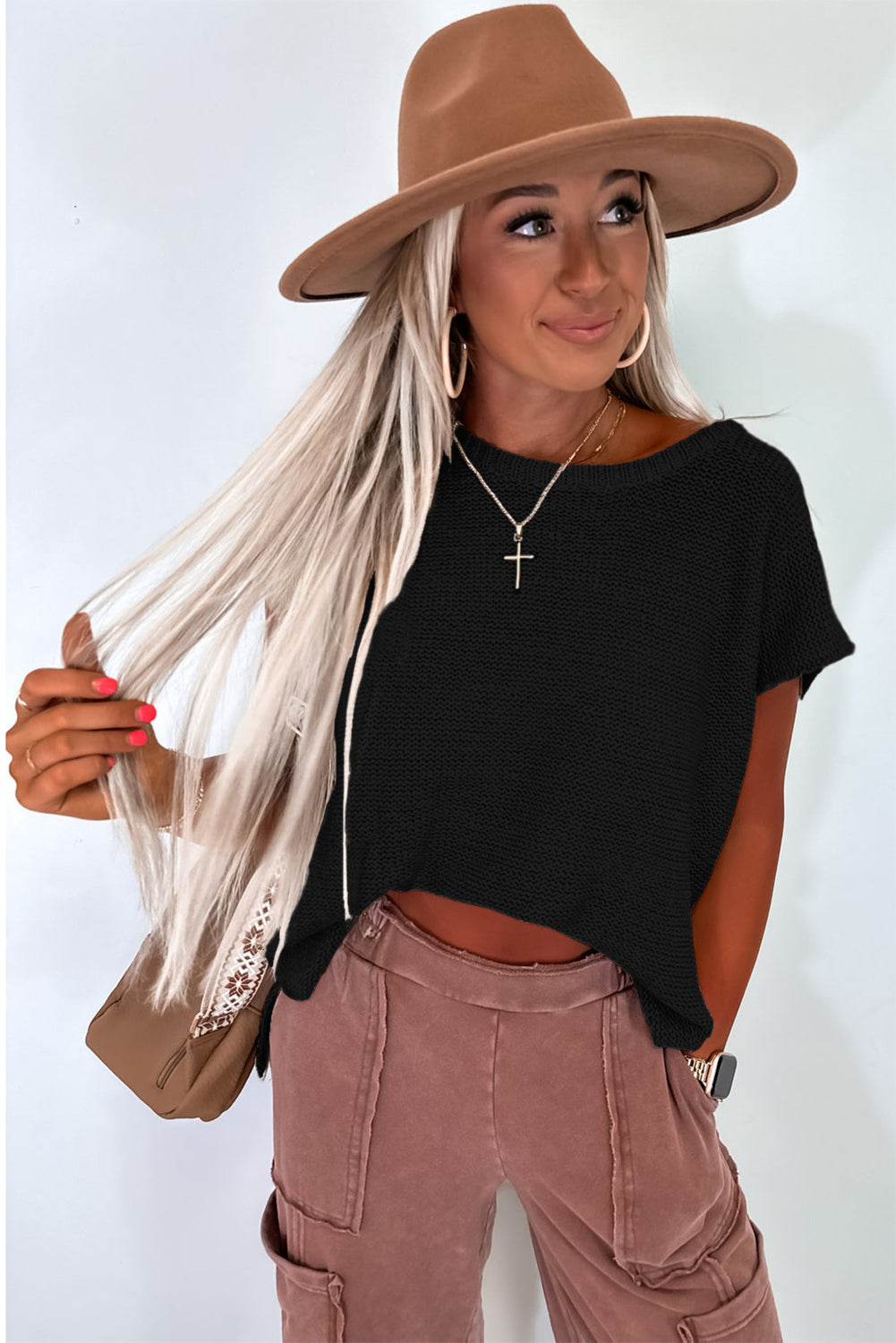 Black Solid Color Sweater Tee with Side Slits