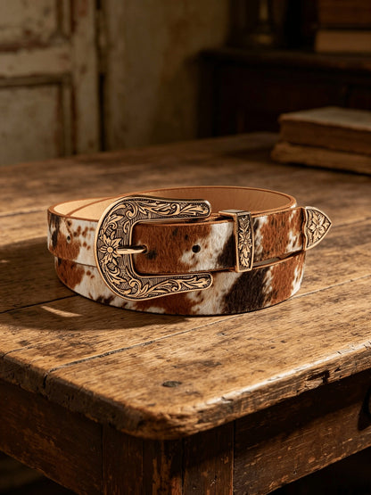 European And American New Retro Carved Imitation Horse Hair Leopard Print Fashion Y2K Dopamine Western Buckle Belt Cross-Border Women's Belt