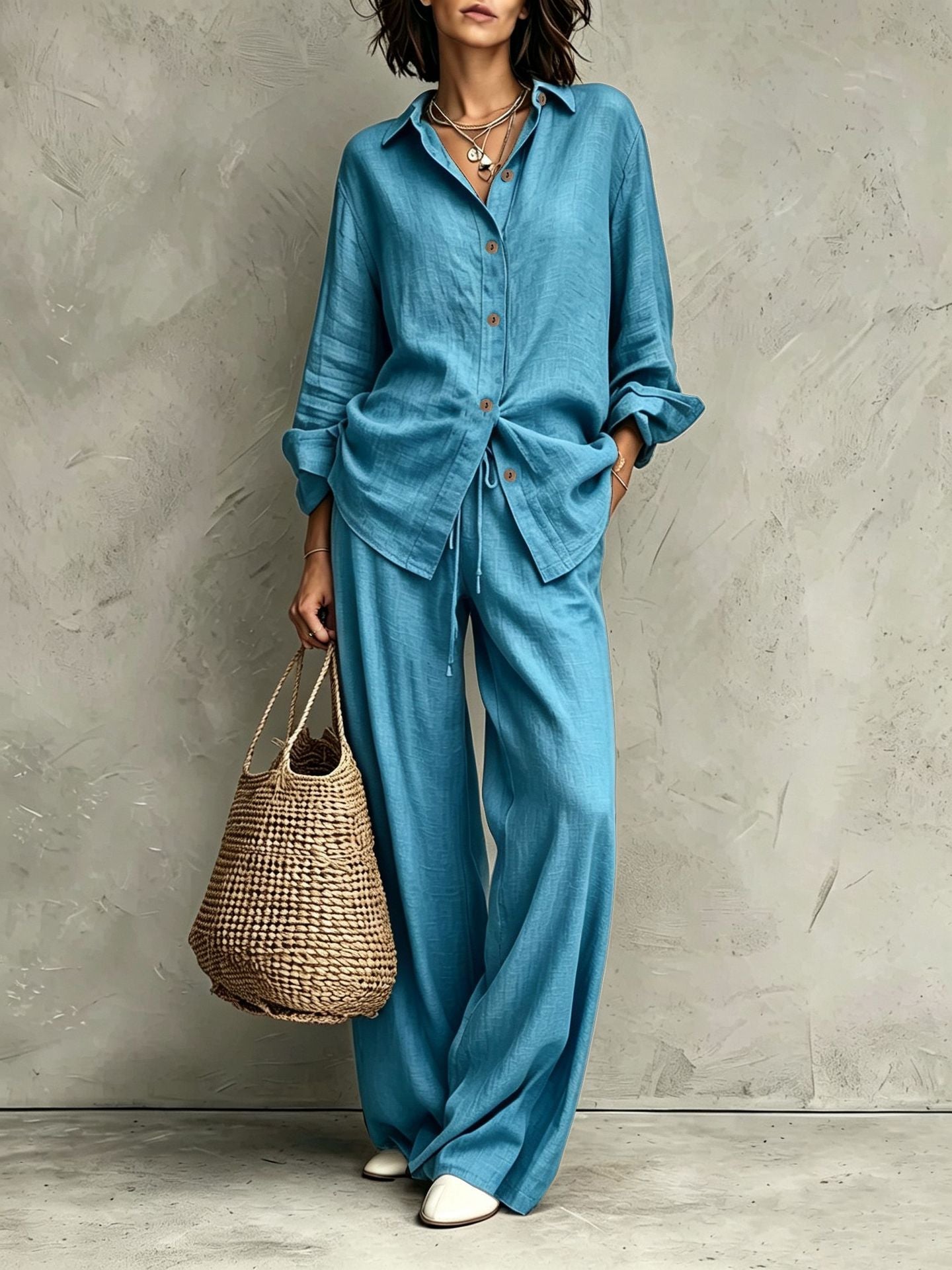 Women's button-down shirt and wide-leg pants set in lake blue – full outfit front view showing relaxed casual silhouette and straw bag