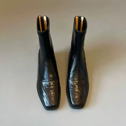 Women's French Retro Genuine Leather Square Toe Block Heel Ankle Boots