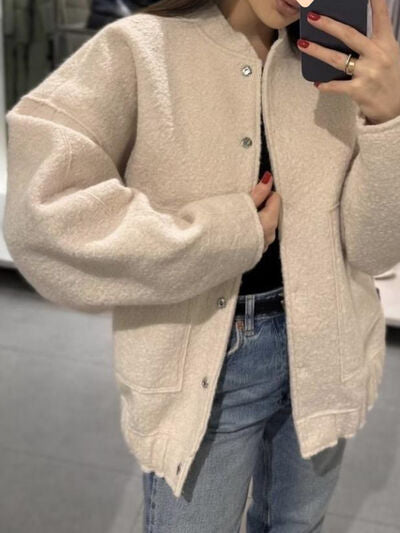 Autumn Casual Full Size Drop Shoulder Snap Down Jacket with Buttoned Front and Pockets