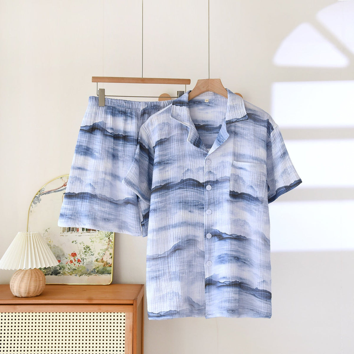 Cotton Double Yarn Crepe Short Sleeve Shorts Men's Pajamas Suit