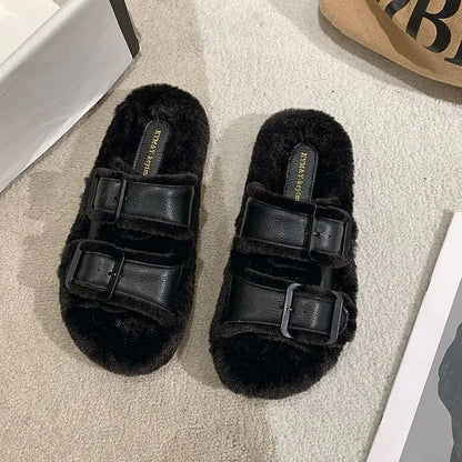 Women's Furry Fleece-lined Cotton Slippers with Belt Buckle