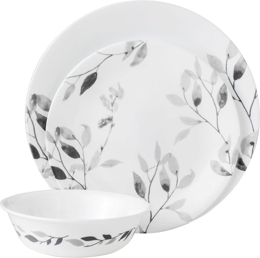 Corelle 12-Piece Vitrelle Misty Leaves Chip and Break Resistant Dinner Set, Grey