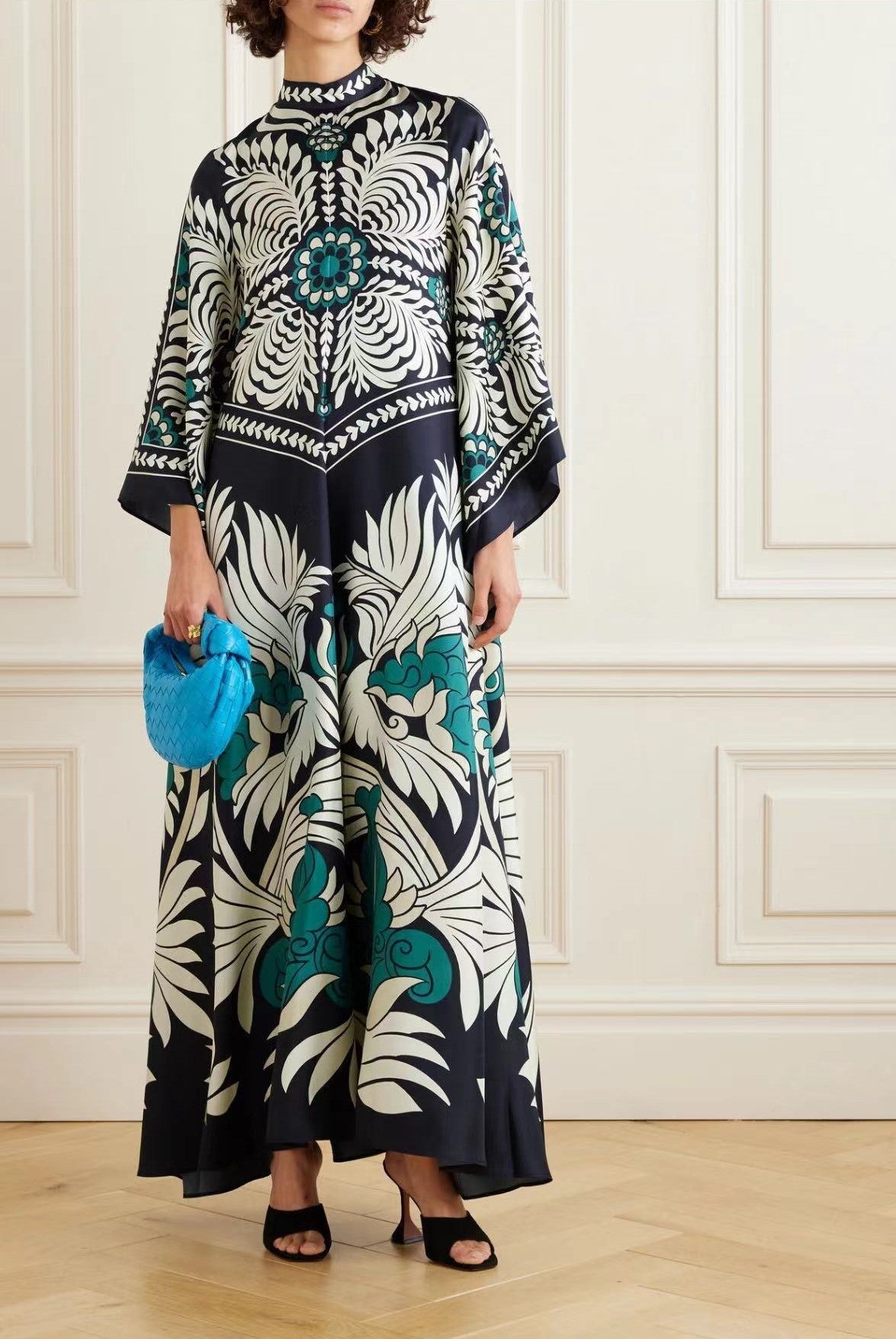 Women's Printed Maxi Dress – Stand Collar Flared Sleeve A-Line Gown in Dark Green / Botanical Paisley Print