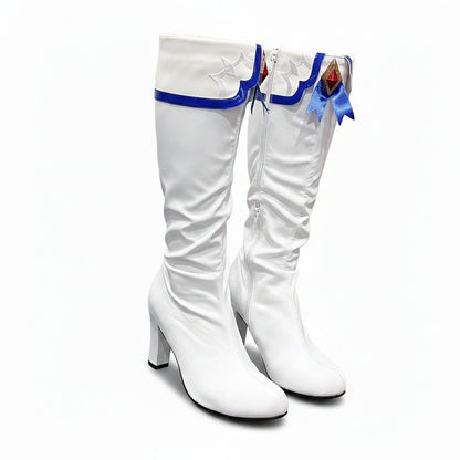 Women's white knee-high slouch boots with high block heels, blue cuff trim, and jewel embellishment detail.