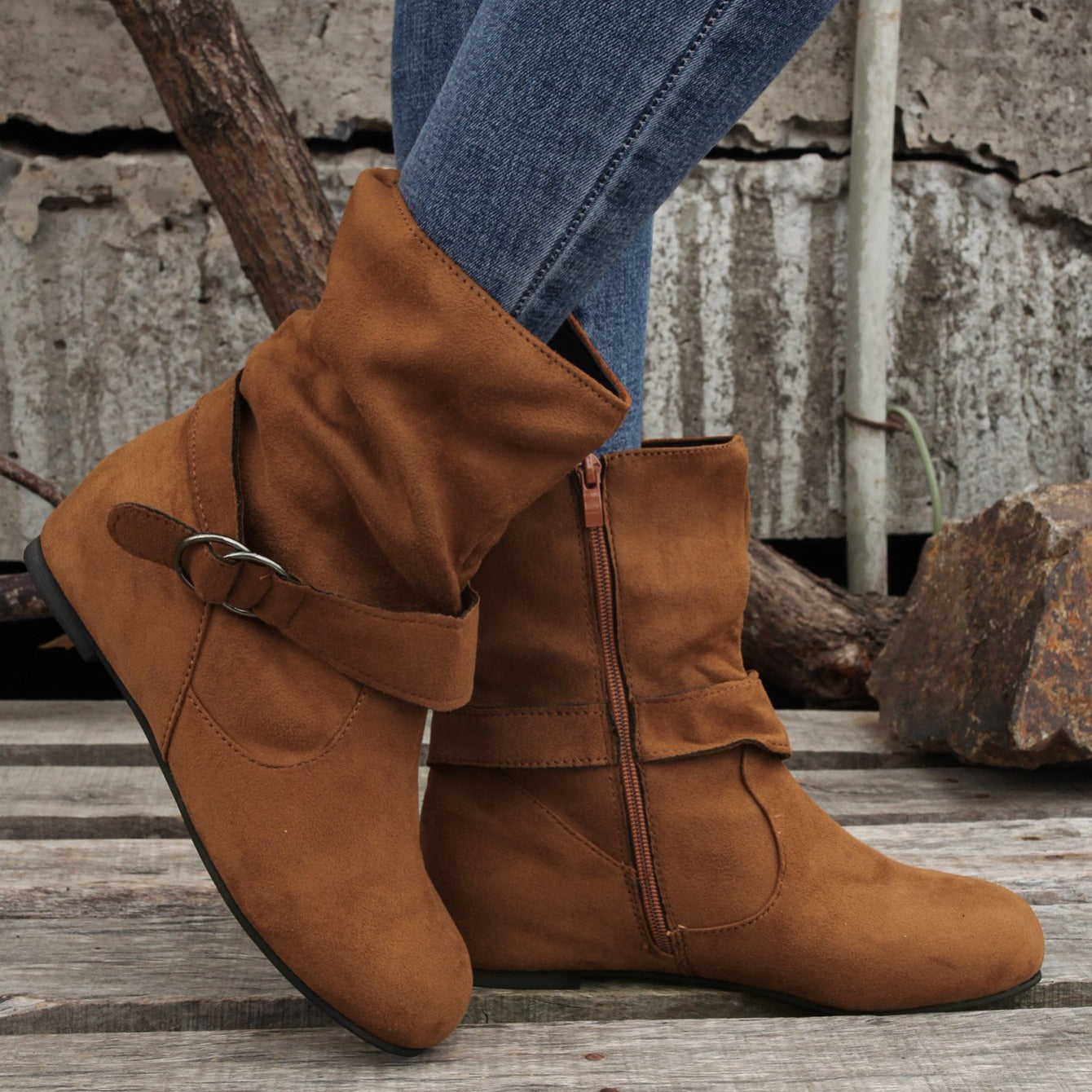 Ankle Boots  Round Toe Buckle Belt Side Zipper Boots