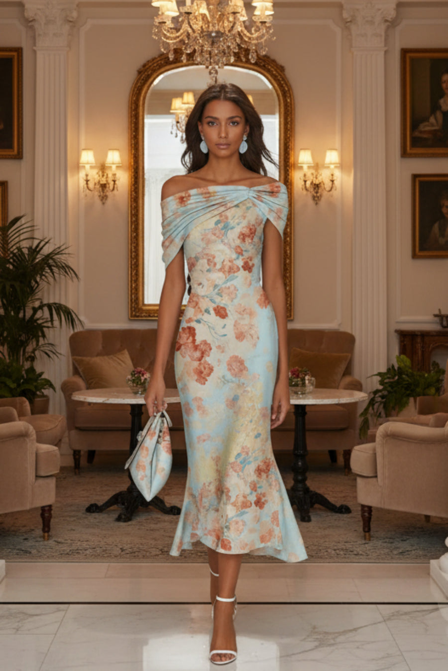 Woman standing in an elegant interior wearing a light blue off-the-shoulder floral midi dress with a fitted silhouette and flared hem, holding a matching clutch bag.