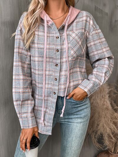 Plaid Buttoned Long Sleeve Hooded Jacket for Women – Cozy & Stylish Cotton-Blend Outerwear