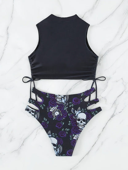 Bikini Skull Print Hollow-Out 2 Piece Swimsuit for Women – Sexy Lace-Up Floral Tie Bathing Suit with Crew Neck – High Stretch Halloween Inspired Bikini Set for Beach Party, Festival, and Summer Vacation