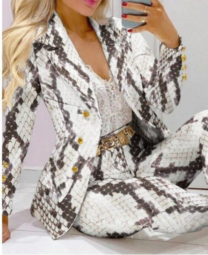 Women's Printed Coat & Trousers Two-Piece Set – 19 Prints, Casual Fashion Suit
