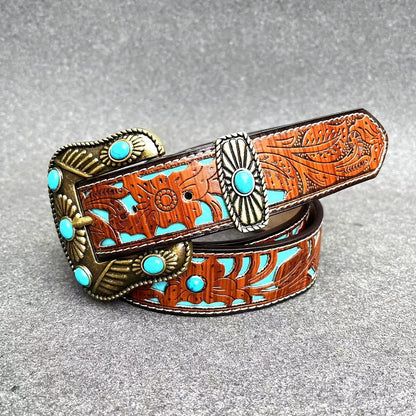 Versatile Spring, Summer, Autumn, And Winter New European And American Western Style Carved Belt, Can Be Paired With Jeans, Leather Belt, Turquoise