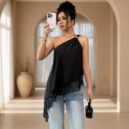 Black off-shoulder lace patchwork vest with metal buckle and irregular hem worn with jeans