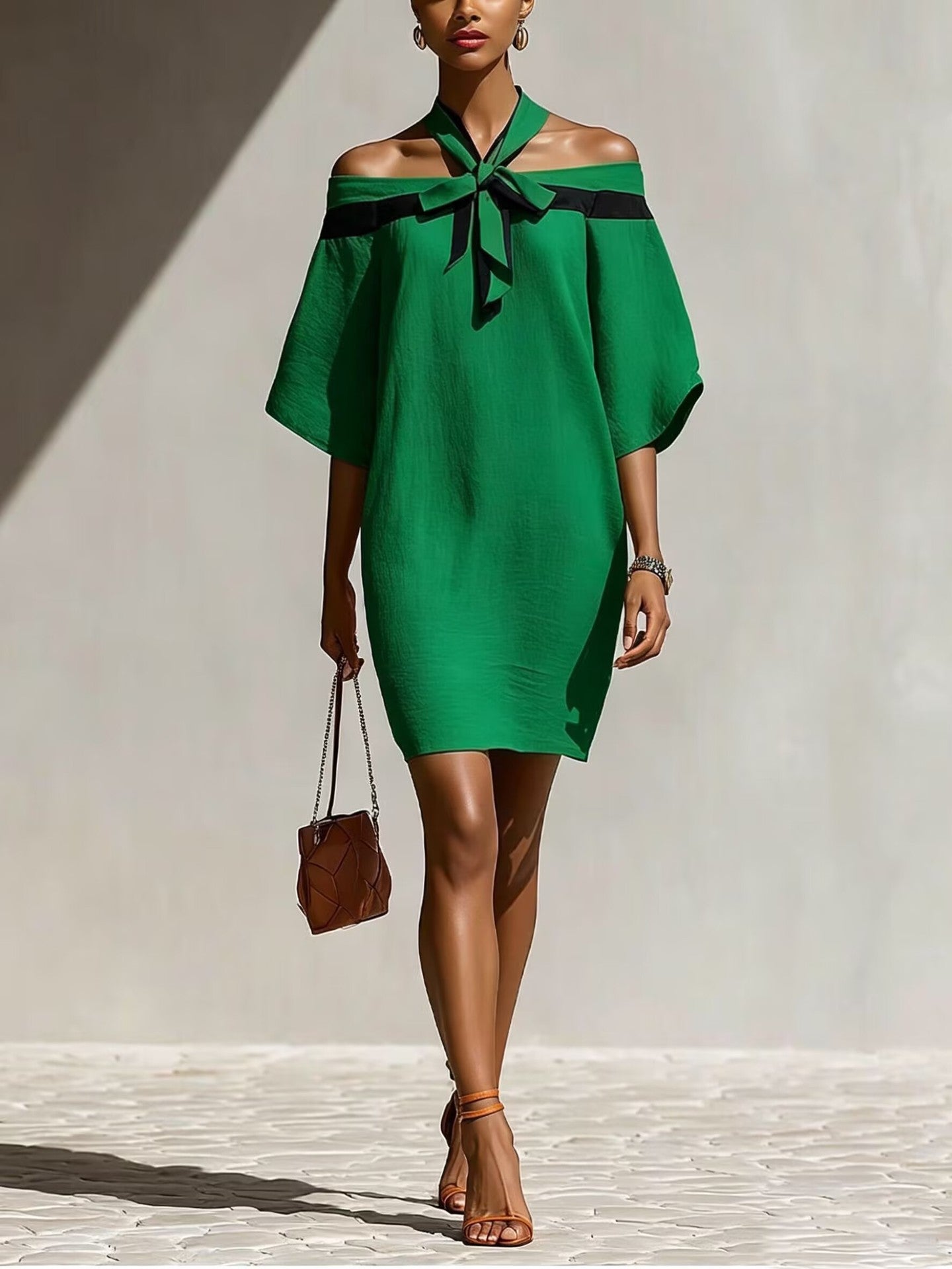 Woman wearing a green off-the-shoulder A-line mini dress with a contrasting black bow collar