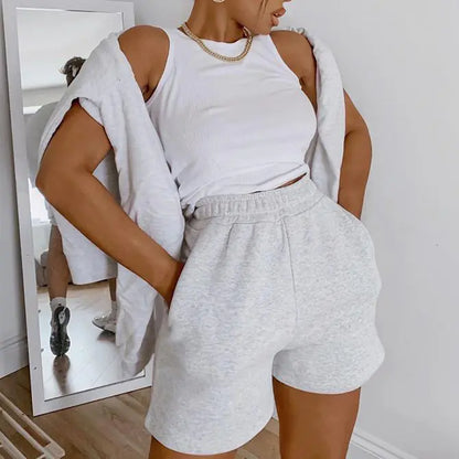 Women's Solid Color Elastic Waist Wide Leg Workout Shorts