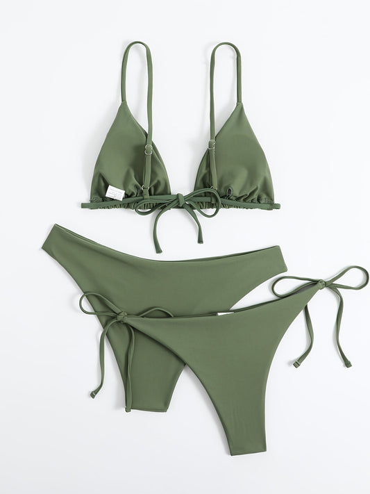 Essential Edge 3-Piece Bikini Set for Women – Solid Color High-Cut Triangle Top Two-Style Bottoms with Side Lace-Up Design & Quick-Drying Comfort – Versatile Women's Swimwear for Summer Pool Beach & Travel
