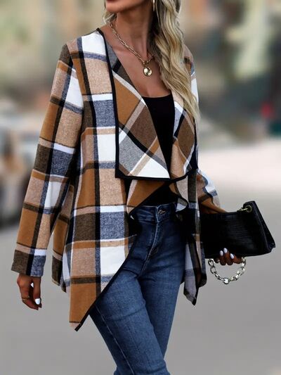 Elegant Plaid Open Front Long Sleeve Jacket Stylish & Cozy Lightweight Breathable Outerwear