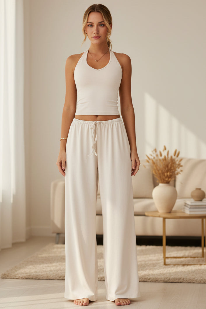 Women's sporty crop tank and wide-leg pants set in apricot, full outfit front view