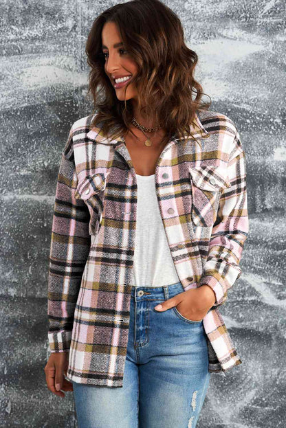Classic Plaid Button Front Shirt Jacket with Breast Pockets Casual & Minimalist Outerwear