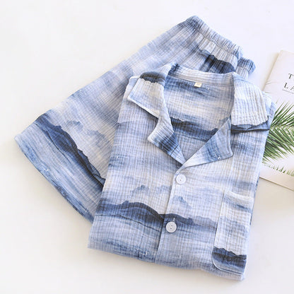 Cotton Double Yarn Crepe Short Sleeve Shorts Men's Pajamas Suit