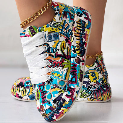Round-Toe Thick-Sole Lace-Up Sneakers — Women’s Casual Print Shoes