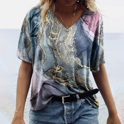 Women's Spring Glitzy V-Neck Short Sleeved Marble Print Top
