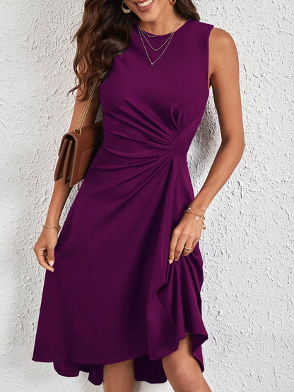 Women's purple solid color twist knot sleeveless midi dress with a round neck and side ruched asymmetric high-low hem.