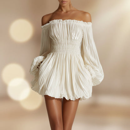 Women's cream white off-shoulder pleated mini dress with smocked waist and puff sleeves