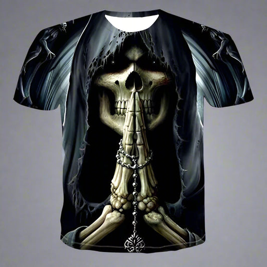 Men's black 3D graphic t-shirt featuring a skeletal grim reaper or praying skeleton hands design with rosary beads