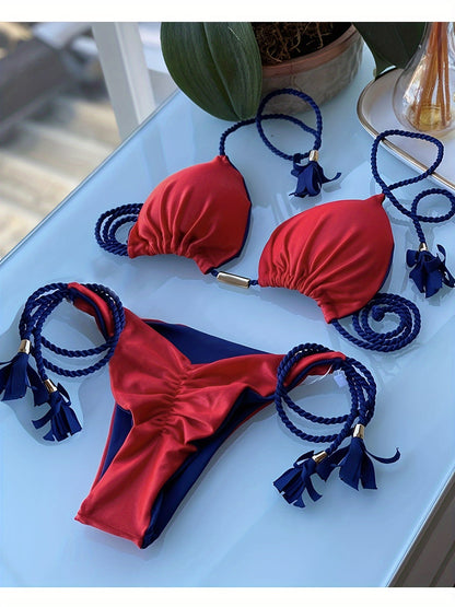 New Festival Flame Halter Bikini Set for Women – Triangle V-Neck Backless Two-Piece Swimsuit with Tie Side Bottoms & Adjustable Lace-Up Fit – Sleek Polyamide Swimwear for Koningsdag/King’s Day & Summer Beach Celebrations