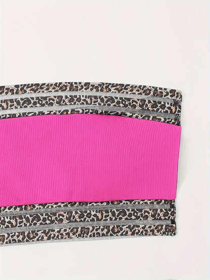 Bikini Leopard Print High Waist Bandeau 2 Piece Swimsuit for Women – Super Stretchy Bikini Set with Seductive Mesh Detail and Flattering Fit – Chic Animal Print Swimwear for Beachwear Poolside and Summer Vacations