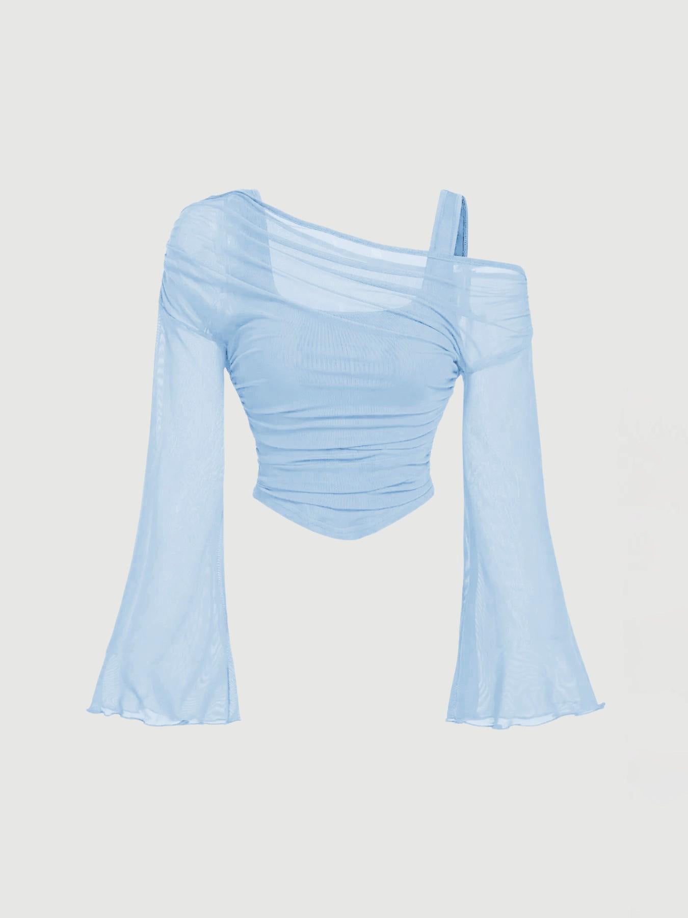 Blue mesh neck pleated long-sleeve top by FitiqueFit, product flat lay view.