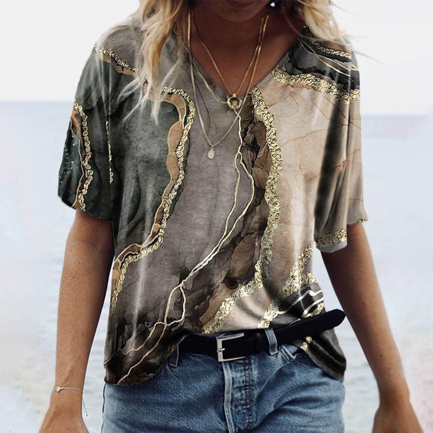 Women's Spring Glitzy V-Neck Short Sleeved Marble Print Top