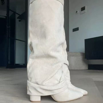 Women's Slouchy Pleated Mid-Calf Boots – Pointed Toe Chunky Heel Faux Suede
