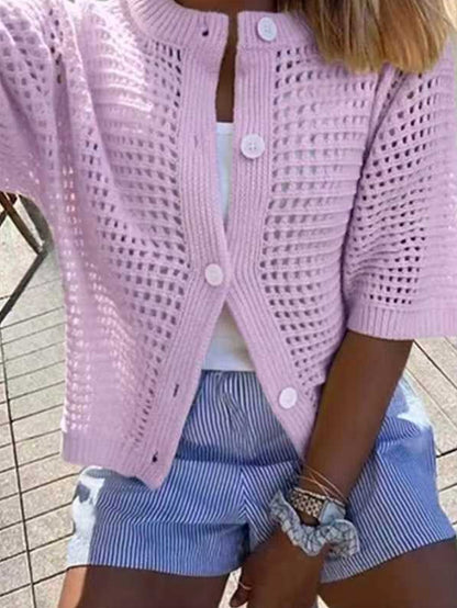 Women's Hollow-Out Knit Cardigan – Open Front, Short Sleeve, Solid Color