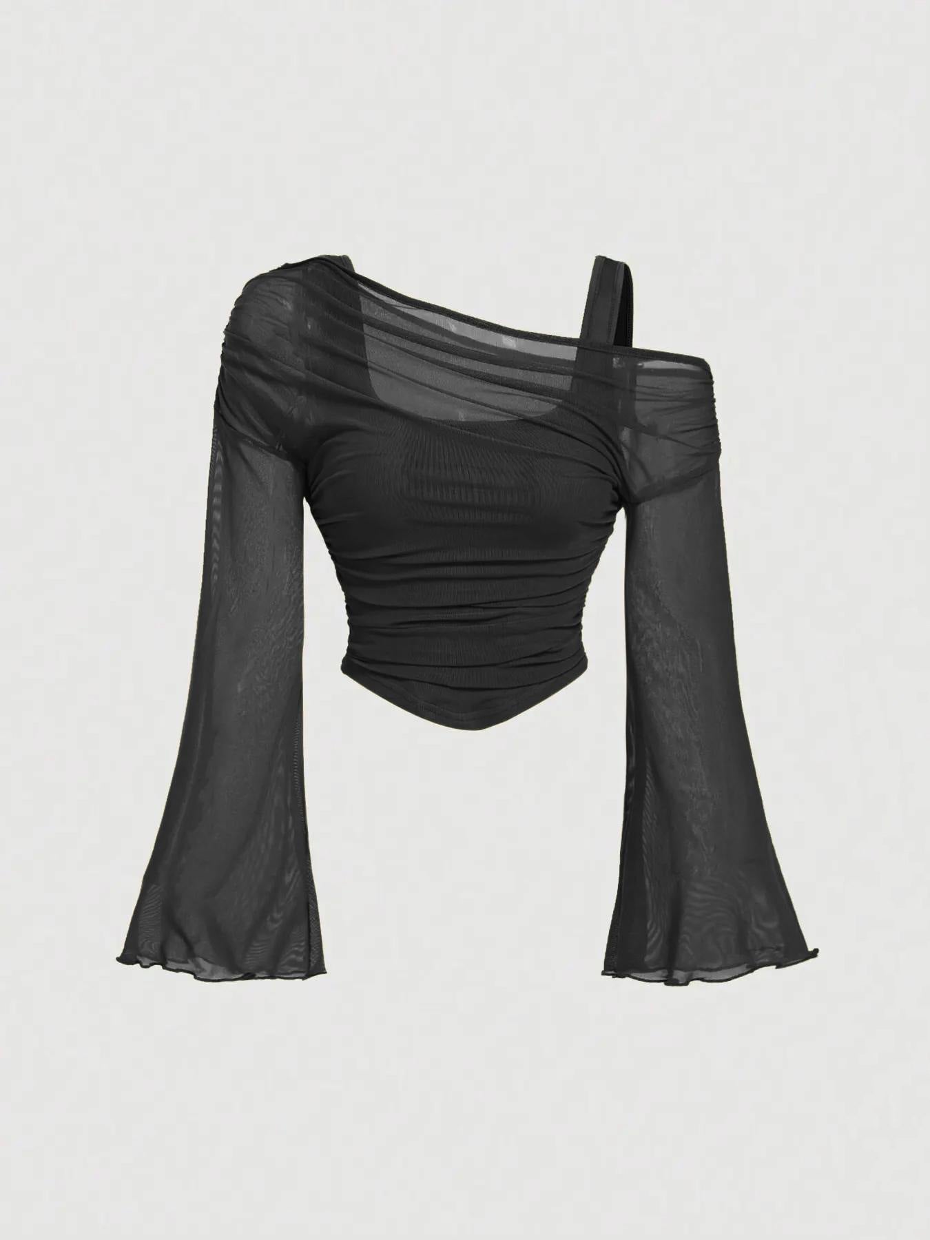 Black mesh neck pleated long-sleeve top by FitiqueFit, product flat lay view.