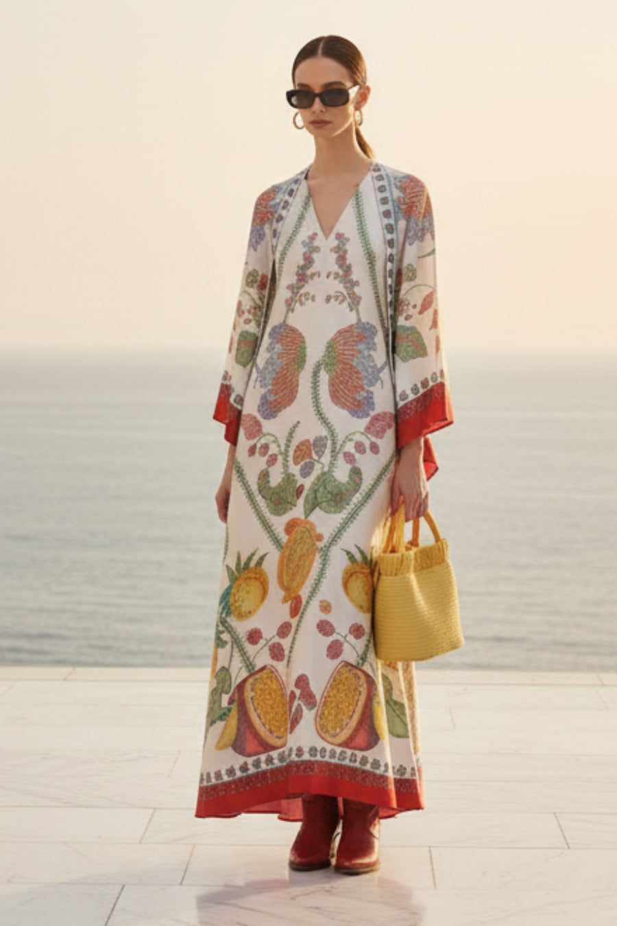 Women's off-white floor-length maxi dress featuring a vibrant botanical fruit print with papaya and floral motifs, flared 3/4 sleeves, V-neckline, and red decorative border trim.
