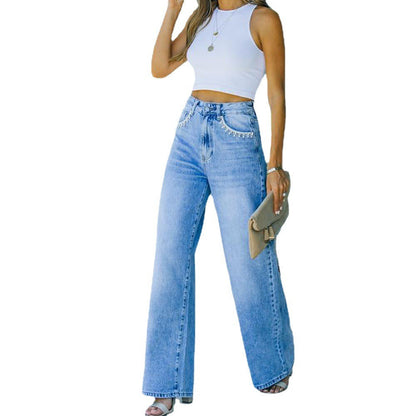 "Ava" Petal Pocket Wide-Leg Denim Jeans