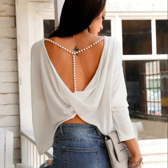Fashionable Women's Long-Sleeved Backless T-shirt