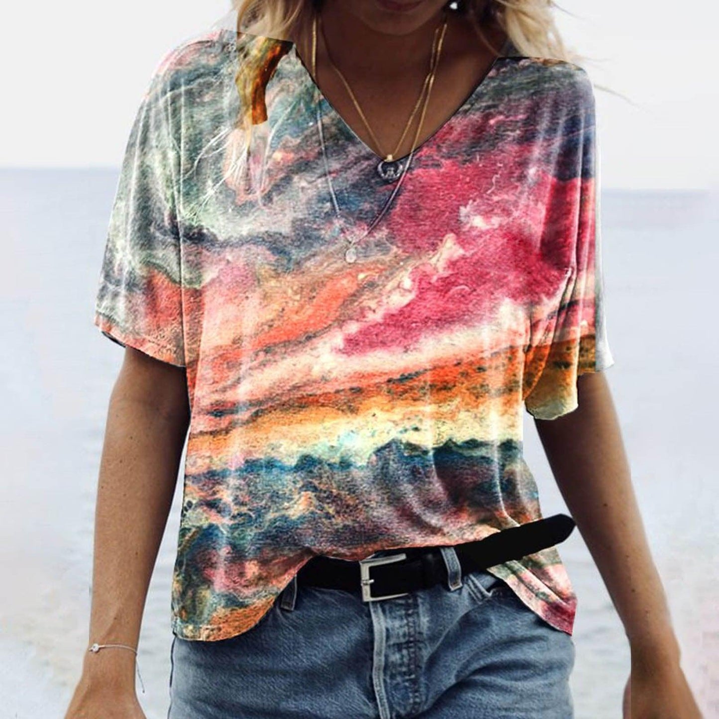 Women's Spring Glitzy V-Neck Short Sleeved Marble Print Top