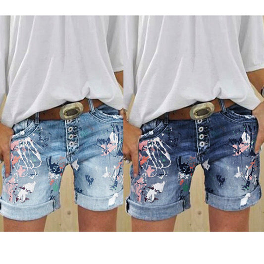 Women's High-Waist Printed Elastic Denim Shorts with Button Closure